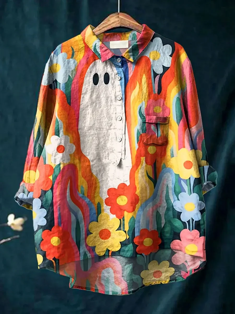 

Chemise en lin décontractée vintage pour femmes, impression d'art d'Halloween, fantôme mignon dans les fleurs