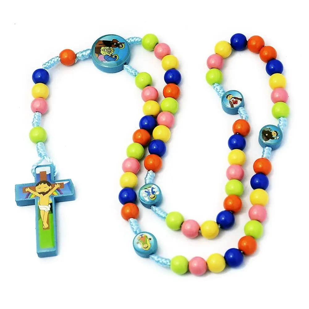 Colorful Bead Kids' Rosary Necklace Cartoon Religious Children Rosary Necklace Durable Blessing Crucifix Pendant Chain Christian