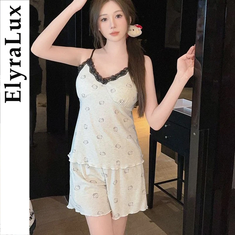 

ElyraLux Summer Suspender Pajama for Women Sexy Lace Side Cute Print Top for Lady Shorts Comfort Loungewear Student Home Cloths