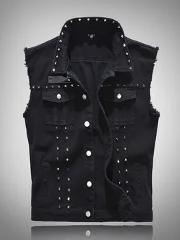 2026 Spring Fashion Men Rivet Denim Vest Punk Party Studded Slim Fit Jean Jacket Male Sleeveless Waistcoat for Men Plus Size 6XL 6
