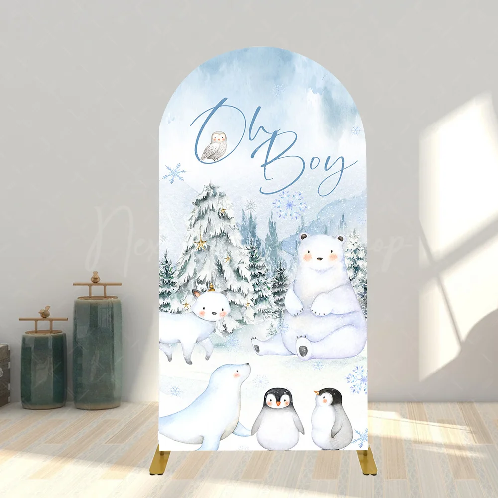 Oh Boy Baby Shower Backdrop Winter Woodland Background Polar Bear Penguin Island Snow Fox Forest Animals Neutral Gender Reveal