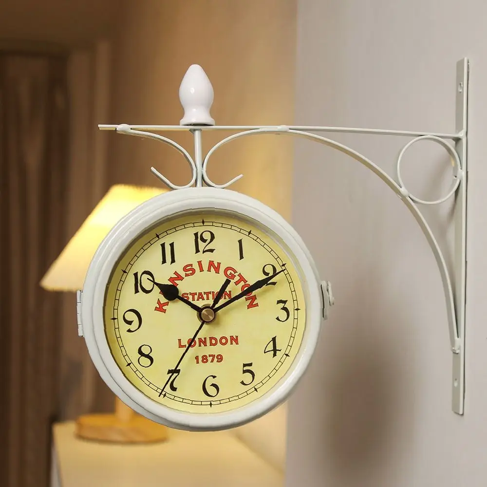 Retro Double Sided Metal Clock With Bracket Durable Wall Clock Garden Train Station Outside Decoration High Quality Home Decor