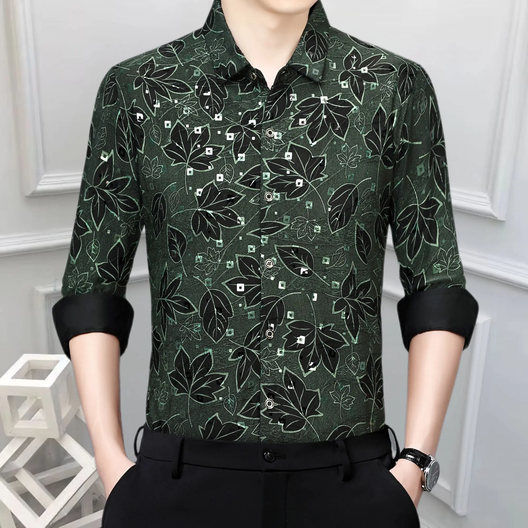 

Leaf Print Long Sleeve Casual Shirts Chemise Homme Men Shirt High Quality See Through Flower Shirts Men Business Office Shirt