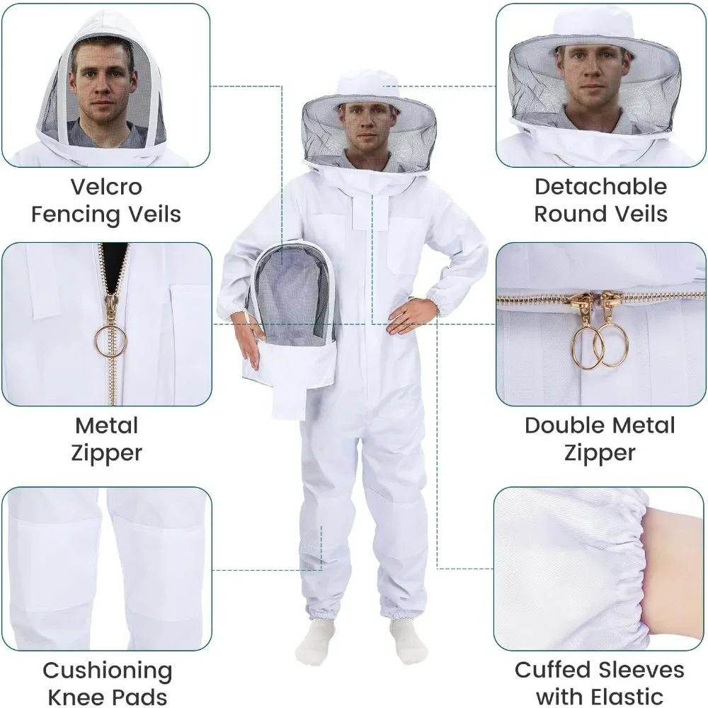 Bee Suit for Men Women Ventilated Sting Proof Beekeeping Suit Custom with Veil Hood, Beekeeper Clothes Round and Fenncing Veil