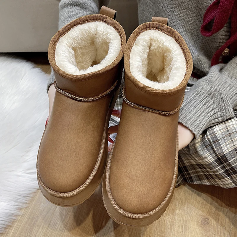 Waterproof Plush Lined Solid Women's Boots 2024 Winter Warm Slip On Snow Boots Thick Platform Casual Fluffy Botas