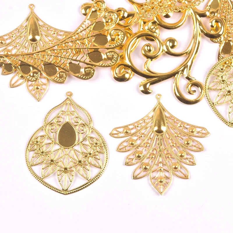 5pcs Gold Hollowed out design Filigree Wraps Pendant Metal Crafts for Headwear and jewelry accessories YKL0908