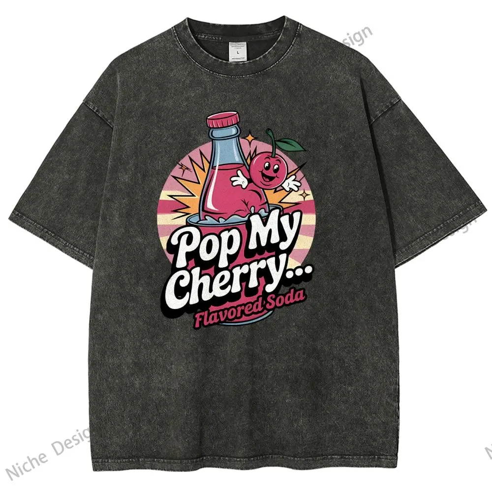 

Pop My Cherry Heavyweight Solid Color Short Sleeved Graphic T-shirt Men Women Summer Street Trendy Washed Old Oversized Clothes