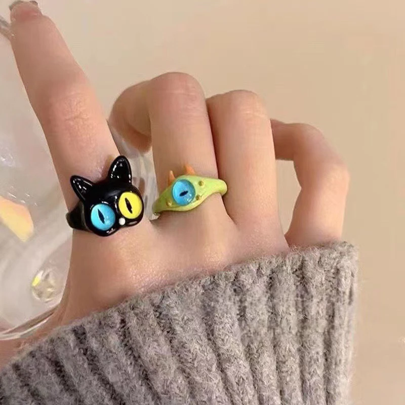 Cute Green Monster Rings Fashion Sweet Two Color Cat Eyes Opening Adjustable Ring For Women Wedding Finger Accessories Jewelry