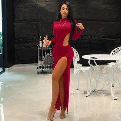 Autumn Winter Sexy Maxi Dress Women Fashion Waist Cut Out Slim Party Dresses Red Long Sleeve Evening Party Christmas Dress 2024