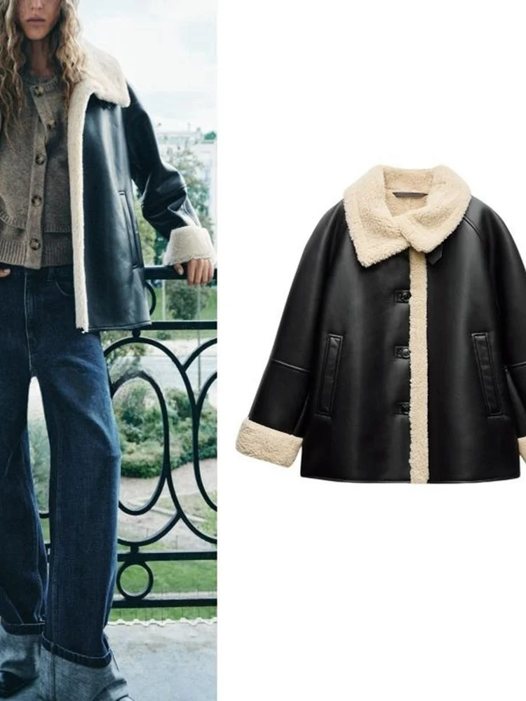 

Faionable Long Sve Fur And Leather Inteated Warmth Outerwear Simple Sle Stand Collar Premium Feeling Women's Coat