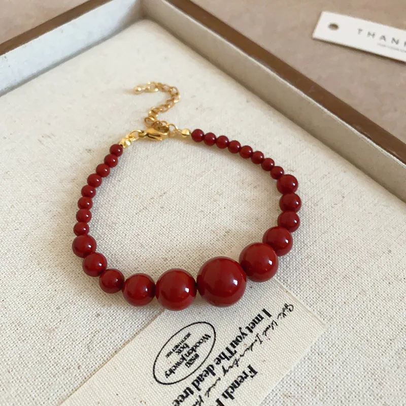 Minar INS Fashion Red Coloured Glaze Strand Beaded Necklace for Women Femme 18K Gold Plated Titanium Steel Sweater Chain Chokers