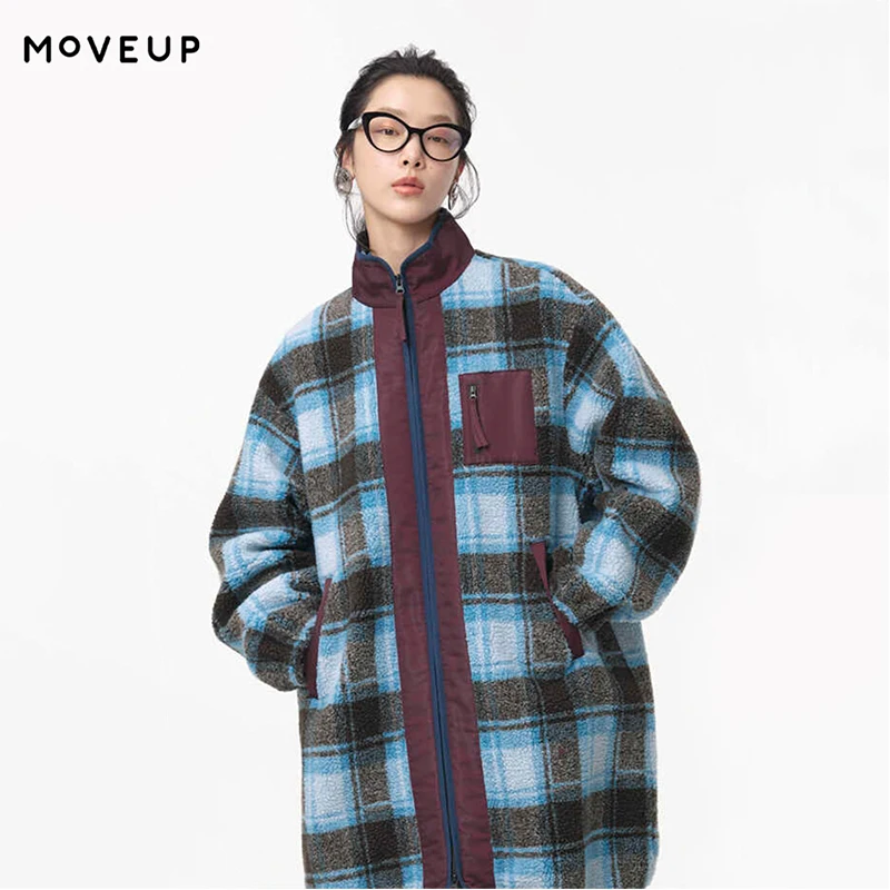 MOVEUP Commuting Long Sleeved High Neck Jacket Autumn Color Blocking Plaid Zipper Pocket Plush Warm Jacket For Women 324310704
