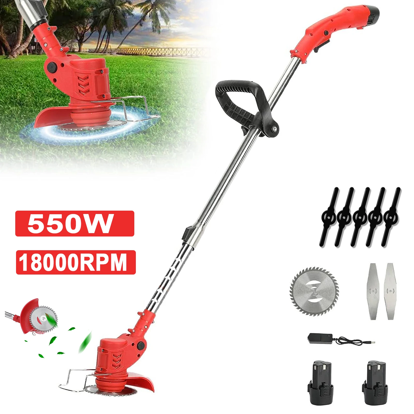 Electric Grass Trimmer Cordless Lawn Mower Powerful Cutter Weeder 18000RPM Cutting Machine Adjustable Telescoping Garden Tool