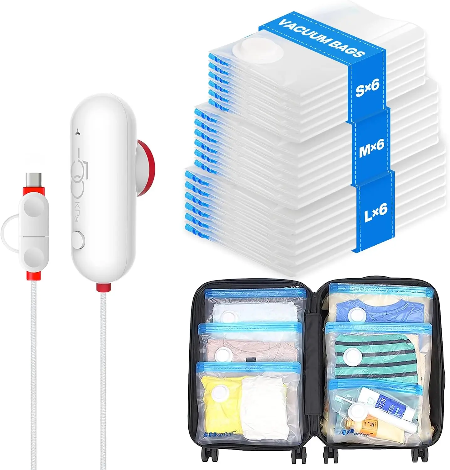 

18 Pack Vacuum Storage Bags with USB Pump for Travel Clothes Space Saving