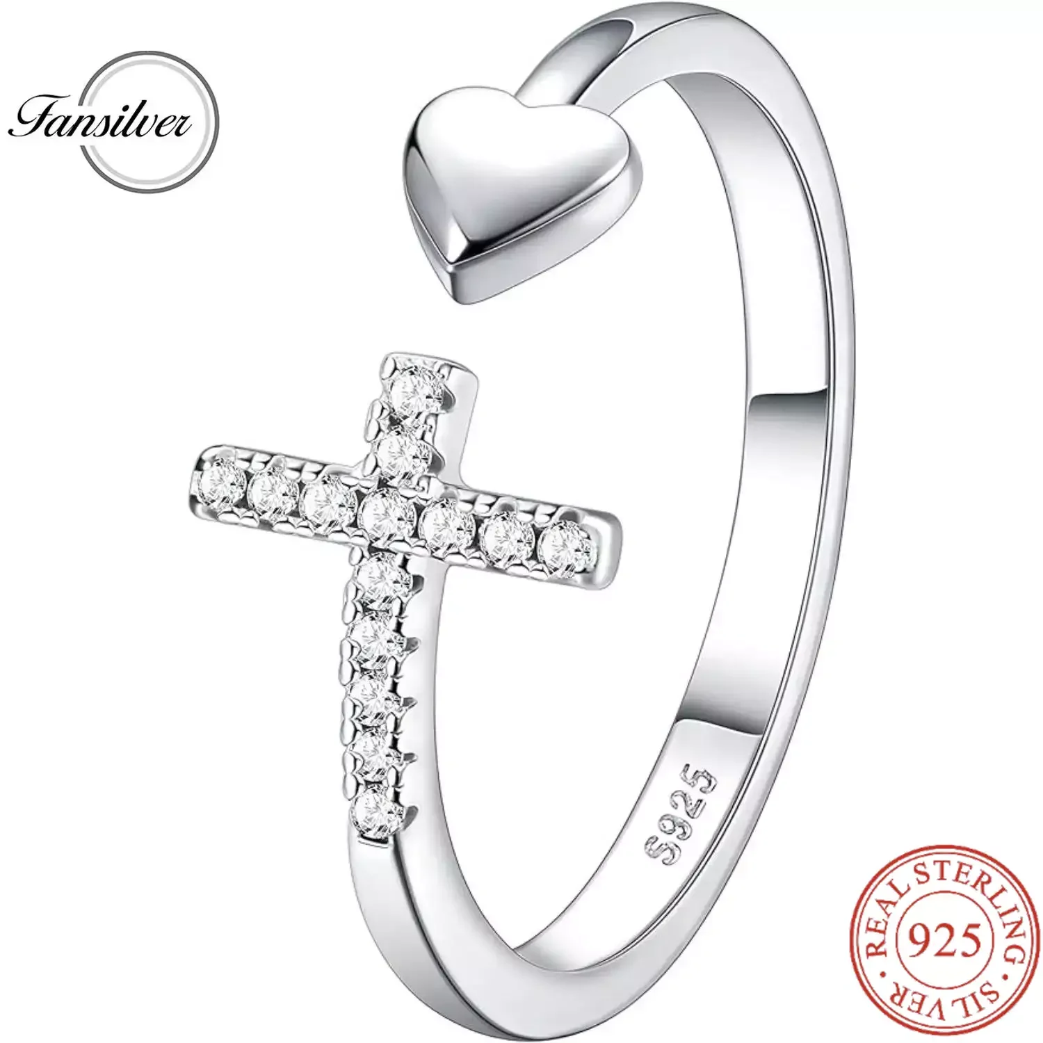 

Fansilver 925 Sterling Silver Cross Ring for Women Stylish Adjustable Open Ring Stackable Shiny Cubic Zirconia Cross Ring