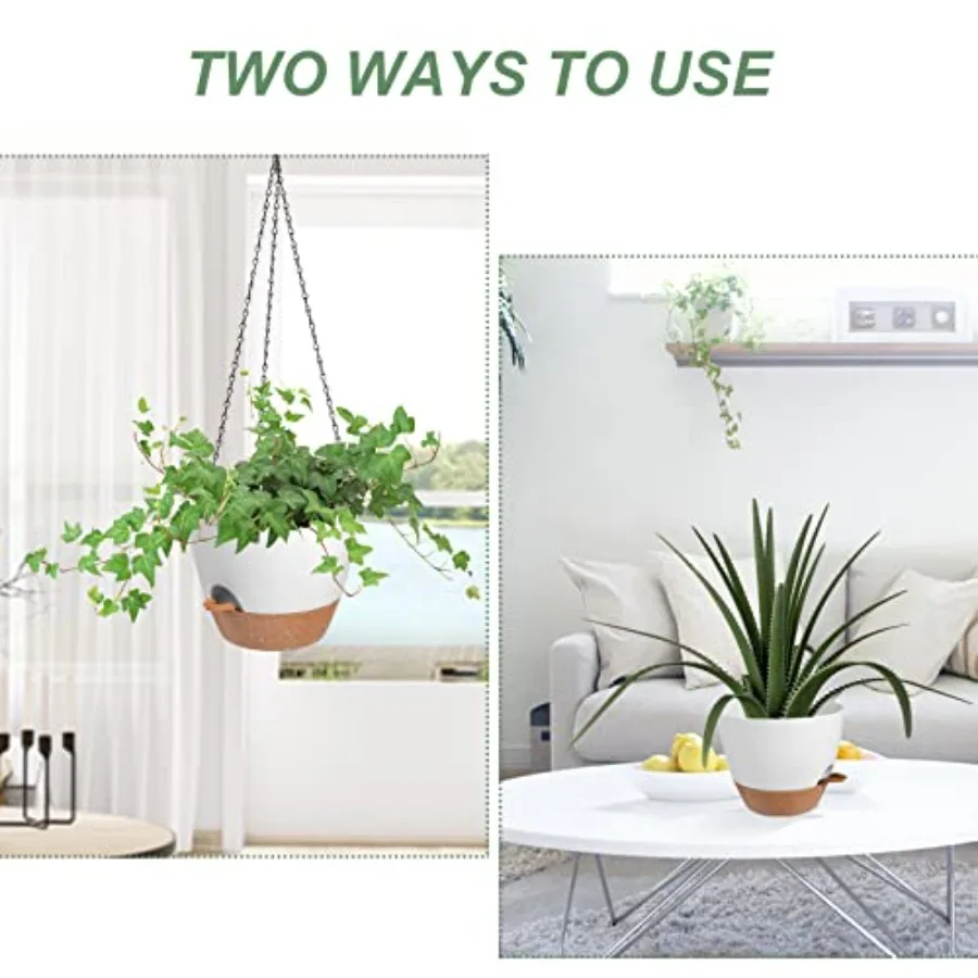 Maceteros colgantes para plantas de interior y exterior, paquete de 2 macetas colgantes de autorriego con orificios de drenaje, bandeja extraíble, color blanco, 8''
