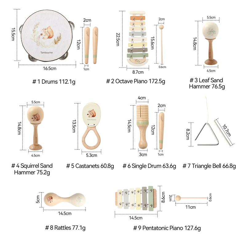 Baby Houten Montessori Eekhoorn Patroon Muziekinstrumenten Multifunctioneel Muzikaal Spel Interactieve Instrumenten Pasgeborenen Geschenken