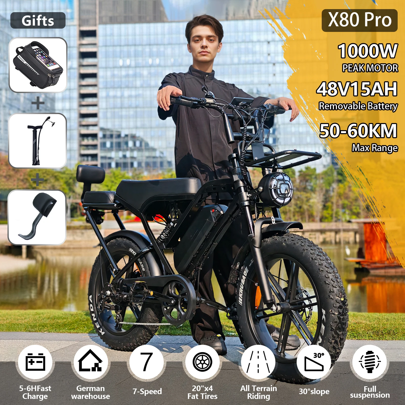 

X80Pro Adult Electric Bike, Urban City E-Bike | 48V/15Ah Battery, 1000W Motor, 50-60KM Range | 20-inch Fat Tires, 7-Speed ​​Gear, Front and Rear Suspension, Hydraulic Disc Brakes | Suitable for Mountain, Snow, and Beach Rides | All-Terrain Off-Road E-Bike