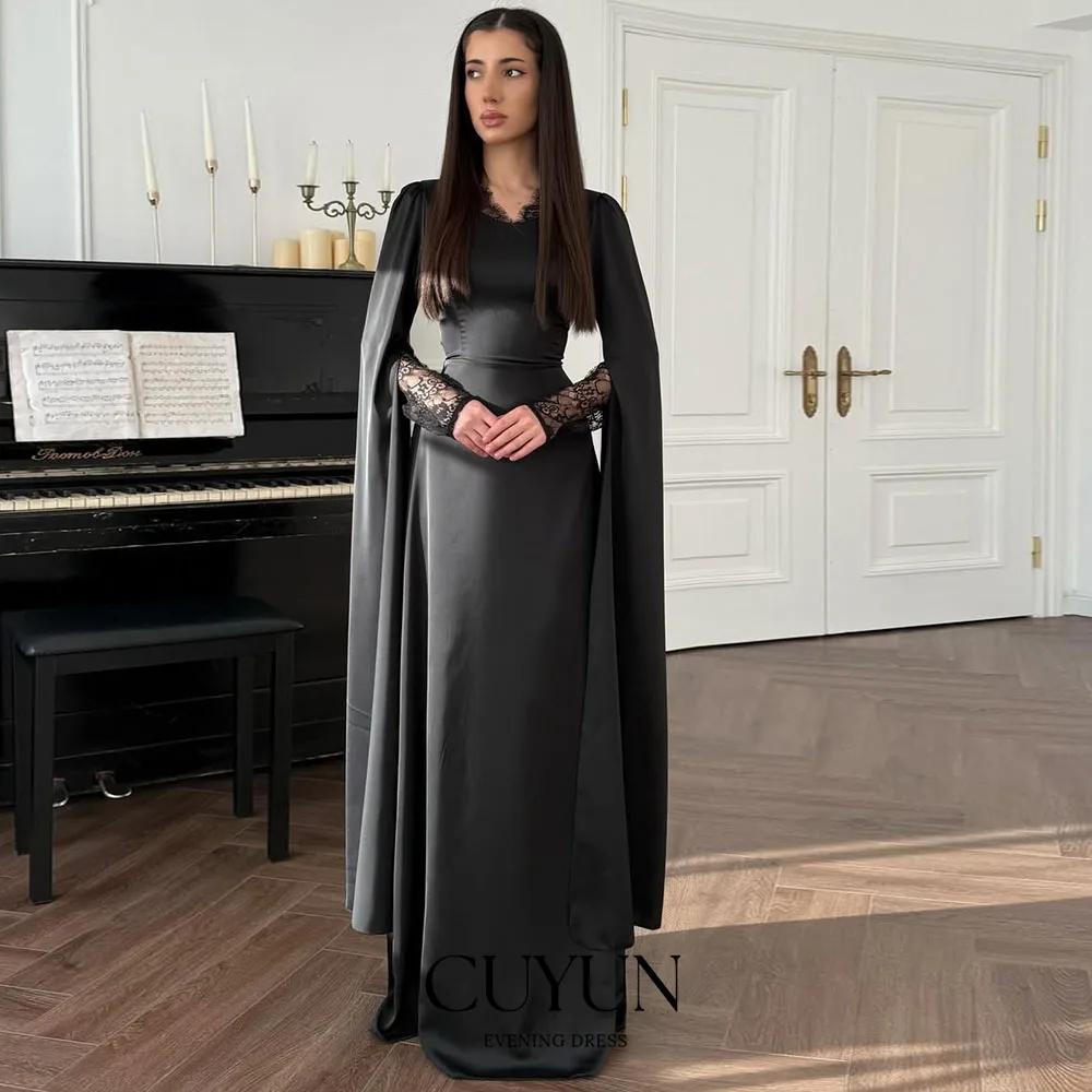 

CUYUN Black Elegant Women Evening Gown Customized Cape Sleeves Satin Long Prom Party Dresses Semi-Formal Wedding Party Dresses