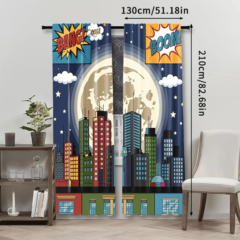 Pop Art Comic Book Cityscape Curtains Retro Moon Sky Window Drapes Modern Home Decor Aesthetic Curtain Panels
