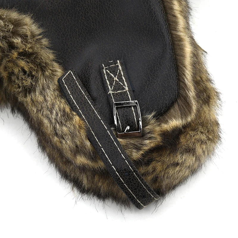 Bomber Hats Winter Men Warm Russian Ushanka Hat with Ear Flap Pu Leather Fur Trapper Cap Earflap for Women