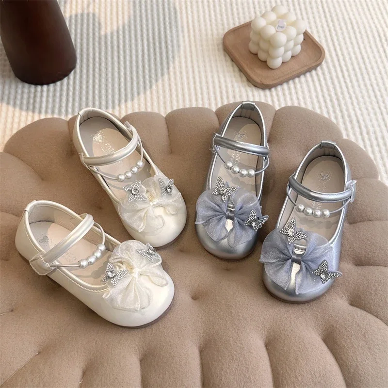 

2025 Children Leather Shoes for Girl Autumn New Fashion Korean Style Soft Bottom Anti-slippery Versatile Chic Beading Dress Shoe