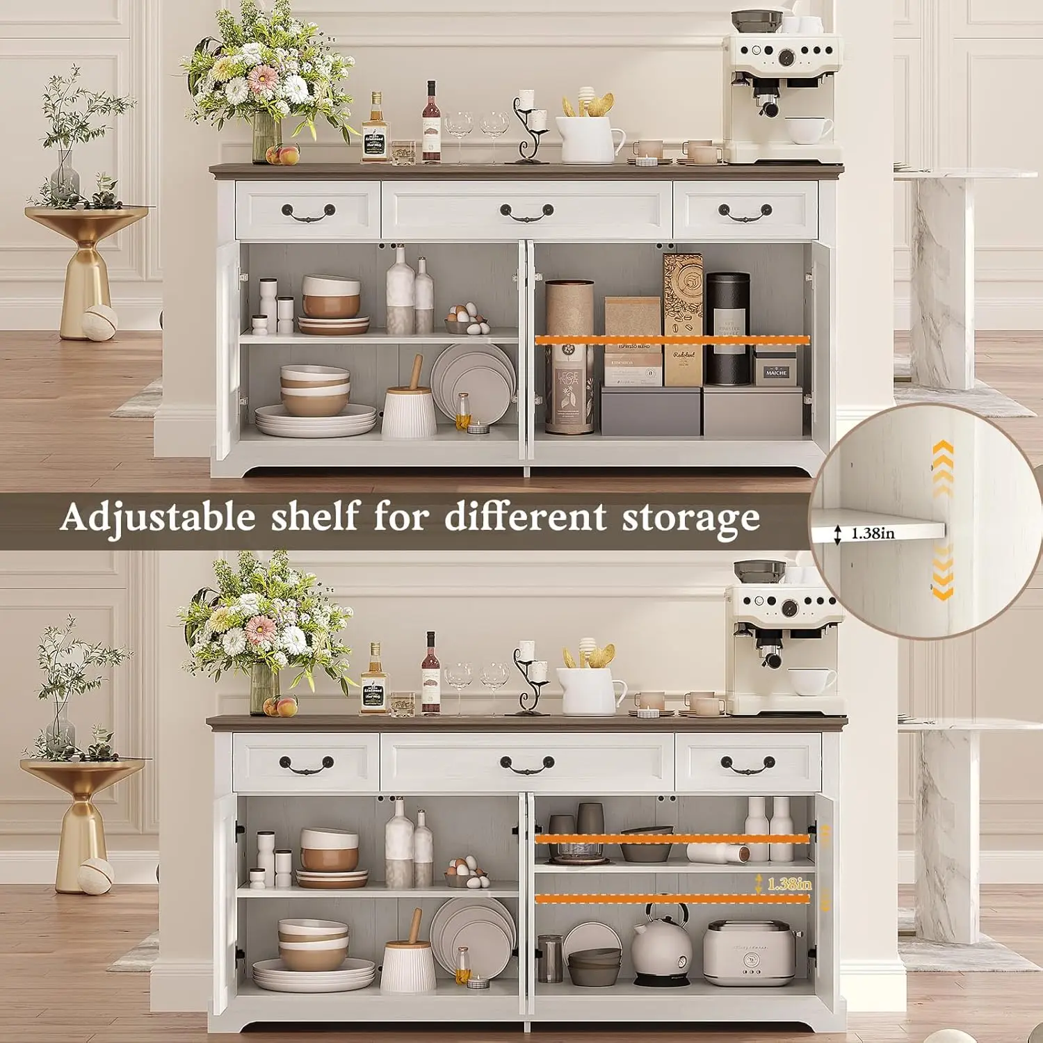 65' 화이트 팜하우스 뷔페 캐비닛(서랍 3개, 문 4개 포함) - 주방 및 거실 수납장