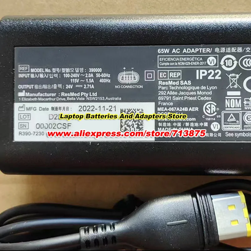 Genuine for ResMed 390000 AC Adapter 24V 2.71A 65W Power Supply for ResMed AirSense 11 CPAP Machine S11