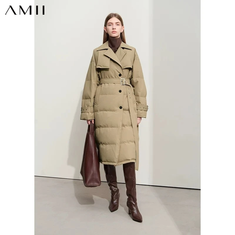 AMII Down Jacket 2026 Winter New Solid Color Loose Straight Warm with Belt Solid Color Long Trench Coat Down Jacket 12444053