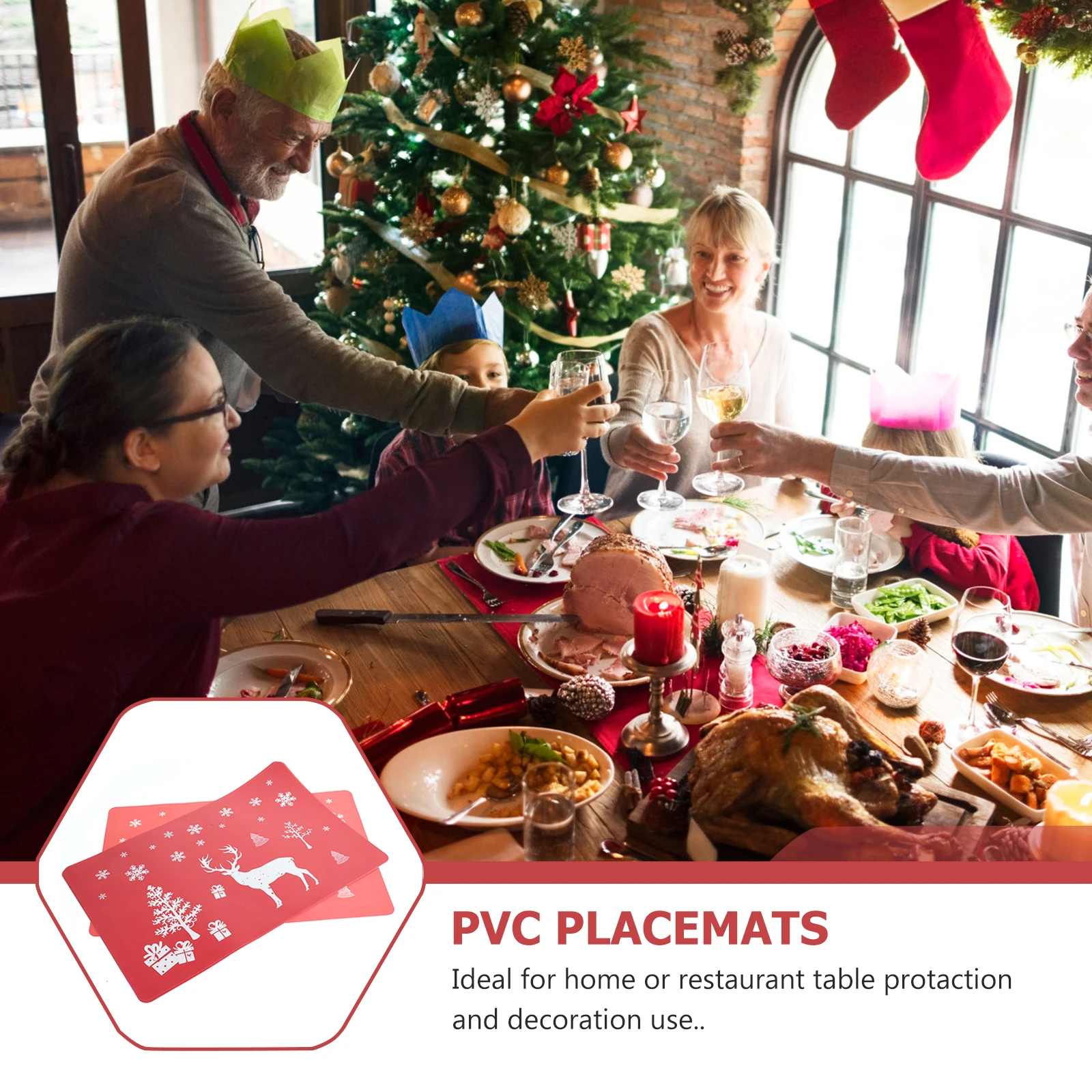 

12pcs Pvc Placemats Coasters Set Christmas Table Mats Heat Resistant Table Protection For Home Restaurant Red Deer Design