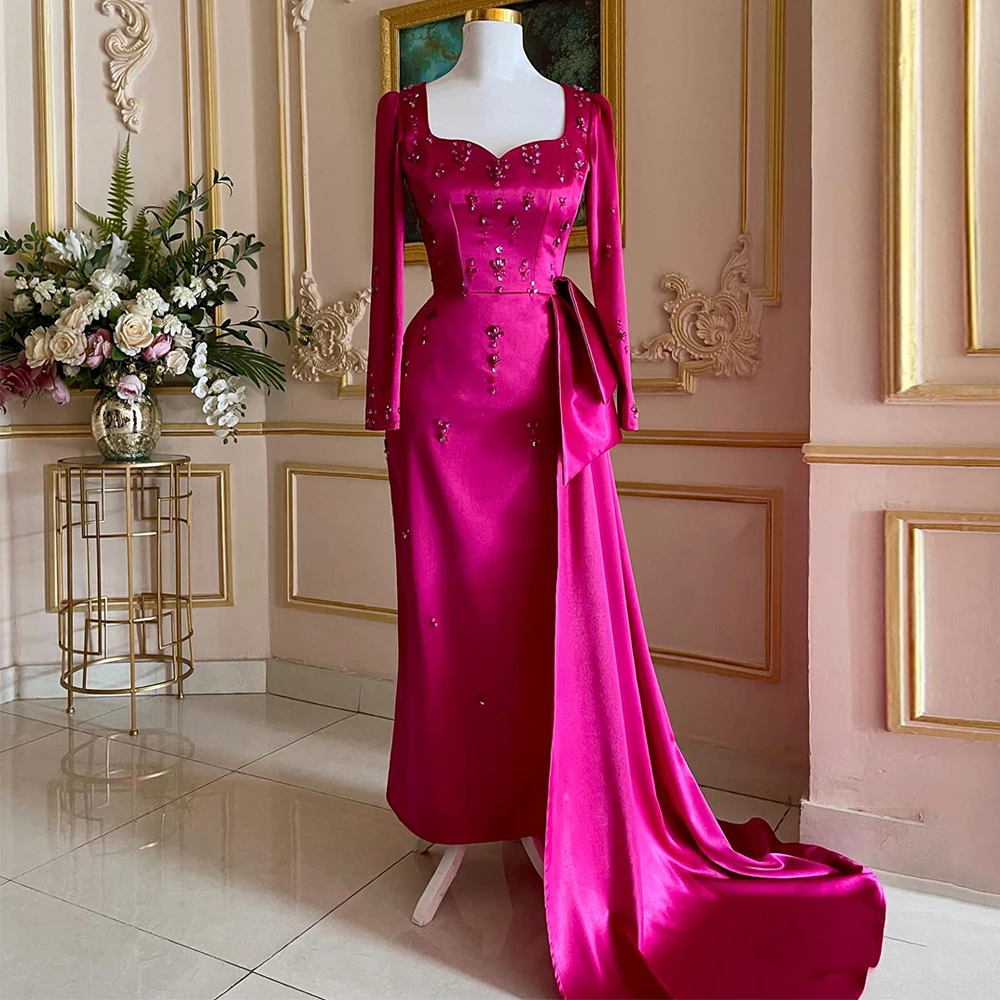 Saudi Evening Dress Fuchsia Mermaid Party Gown Sweetheart Long Sleeve Crystal Stones Ankle Length Formal Dresses for Weddings