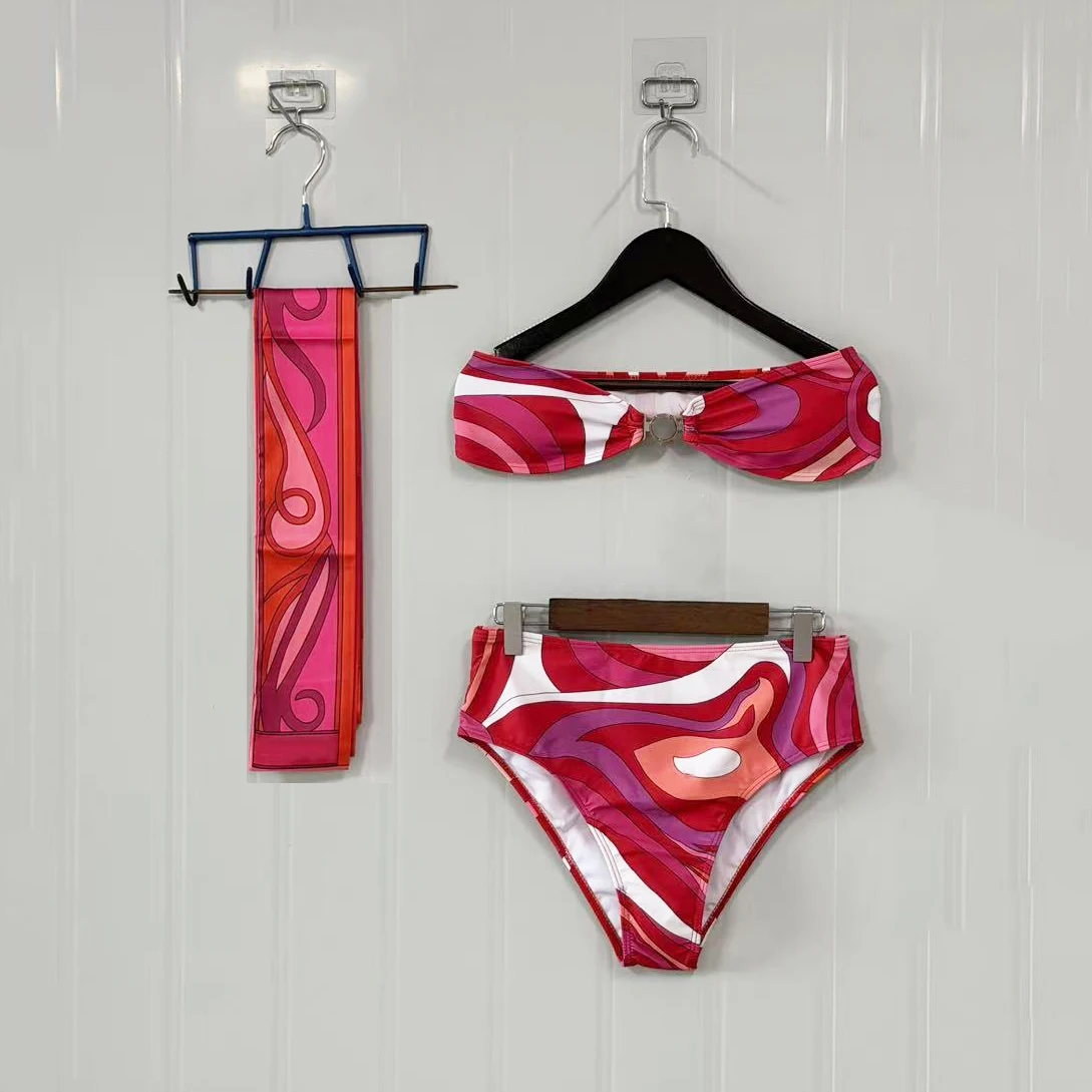 Classic Women's Red Ribbon Scarf Strapless Bikini Sets with Designer Signature Letter Logo Luxury Design Women's Two-Piece Suits