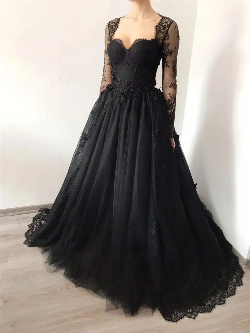 Annie Black Prom Dresses Luxurious Lace Embroidery Evening Dress Vestidos Fe Fiesta Tulle Gothic Wedding Frmal Party Dresses