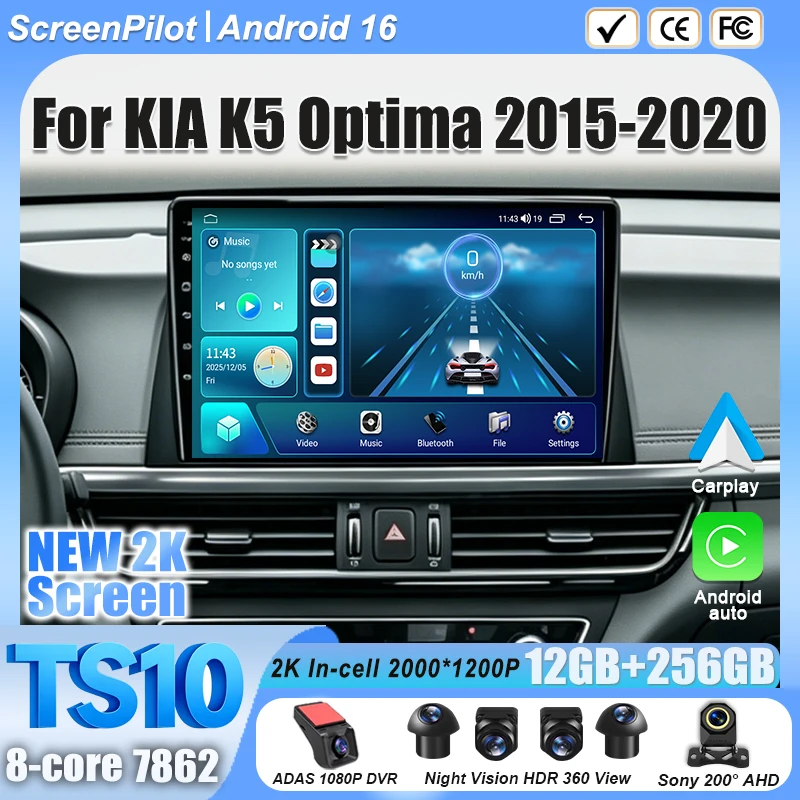 Android 16 For KIA K5 Optima 2015 - 2020 Car Radio Stereo Head Unit Multimedia Video Player GPS Navigation 2K QLED 9 Inch 5G RDS