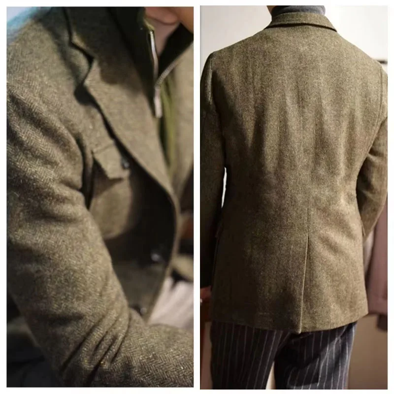 Heren Klassieke Visgraat Tweed Jachtblazer Wolmix Sportjas met Vier Zakken Drie Knoppen Jas Heren Smoking