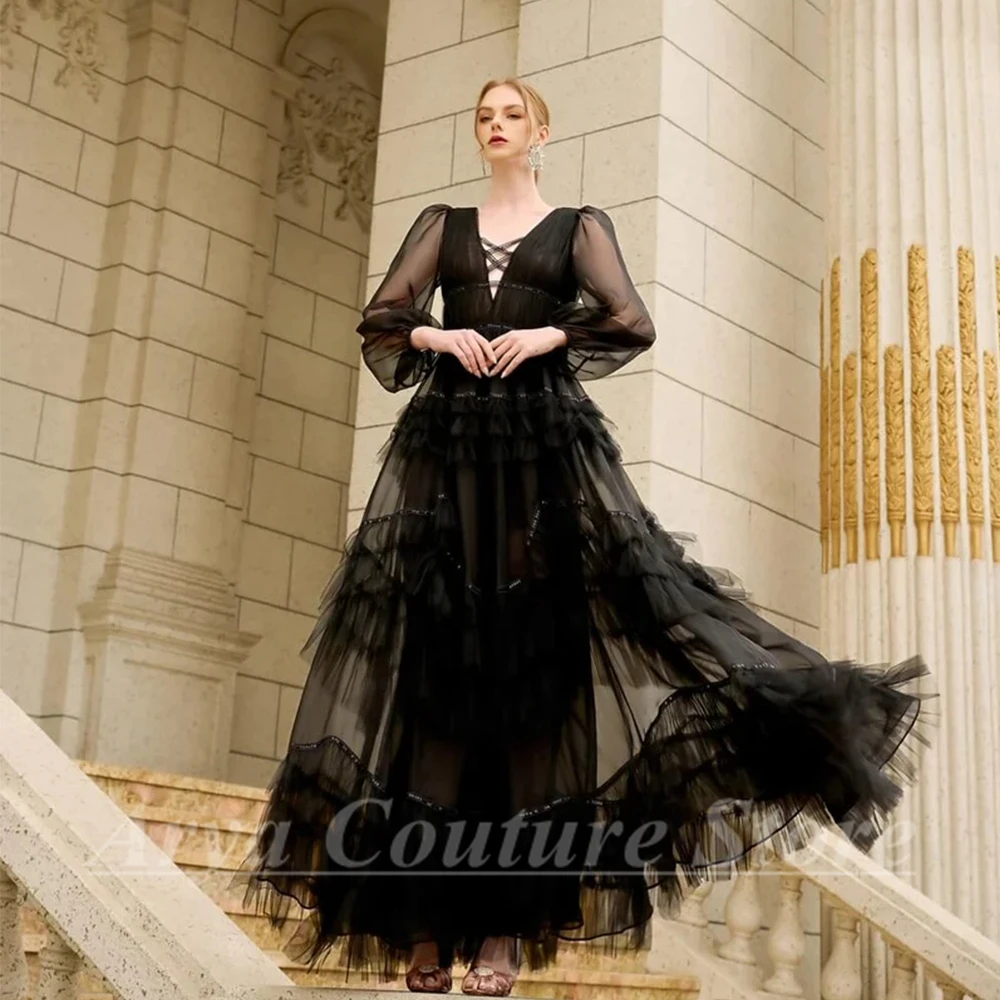 Elegant Chiffon and Tulle Tiered Evening Dress Lantern Long Sleeve Classic V-Neck A-Line Party Women Floor Length Banquet Gowns