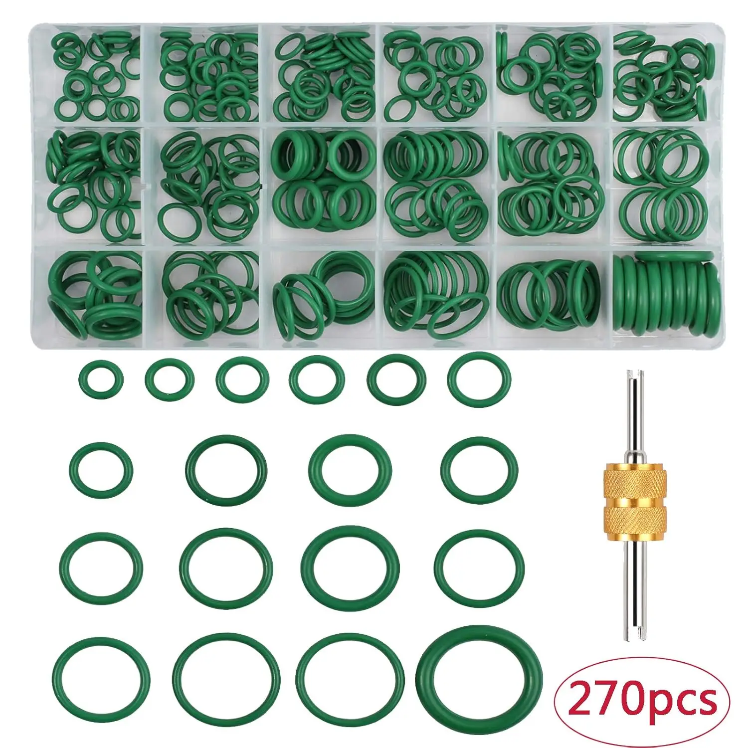 مجموعة حلقات O 270 قطعة مكونة من 18 مقاسًا مجموعة متنوعة من حلقات O لتكييف هواء السيارة مع أداة إزالة الصمام الأساسية للأجهزة المنزلية (أخضر)