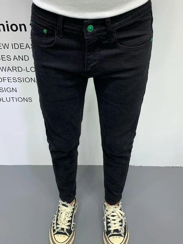 Summer New Pure Bla Men's Jeans Embroidered Letter Slim Fit Faionable Nine Point Elastic Casual Cotton Stretch Denim