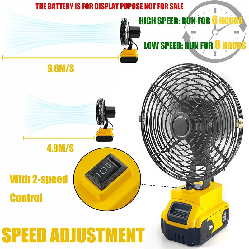 20V Cordless Camping Fan Jobsite Fan for Dewalt 18V 20V Li-Ion Battery DCB205 DCB203 2-Speed Fan for Home Outdoor Working