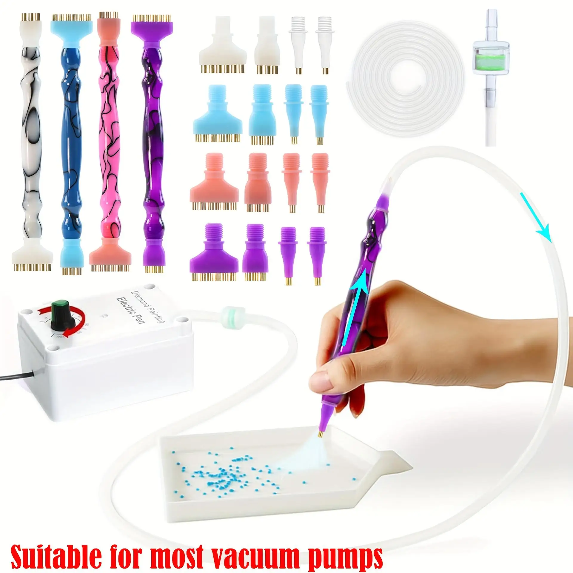 7-Piece Vacuum Diamond Pen Replacement Set - 1 Replacement Diamond Pen with Filter and Silicone Hose and 4 Multi-Head Attachments (1/1/3/6 Heads) - Compatible with Most Vacuum Pens - Diamond Art Accessories