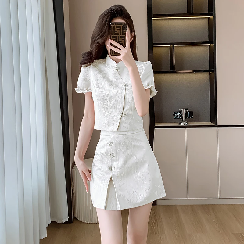 

New 2024 Chinese Sle High-End Women's Faion Set Slimming Skirt ort Sve Collar Zipper Closure Cotton B...