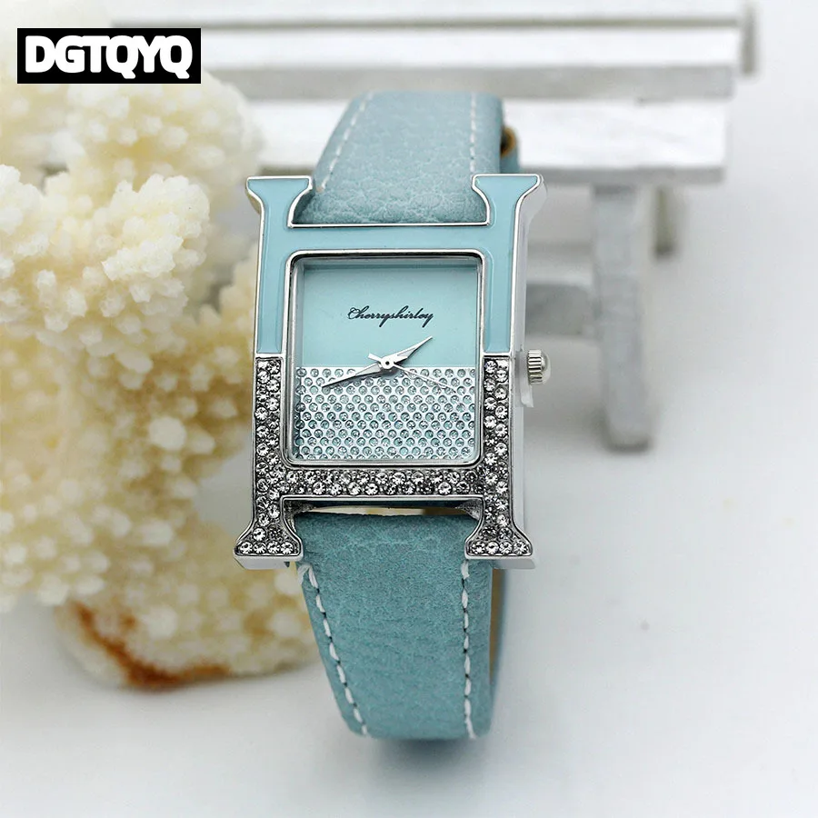 Casual Female Square Shaped WristWatch Leather Paint Rhinestone Designer Ladies Clock Women Dress Luxury Quartz Crystal Watch