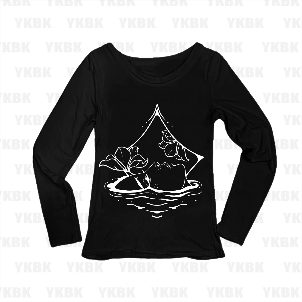 Y2K Dark Aesthetic Abstract Water Woman Lily Line Print Women Long Sleeve T-Shirt O-Neck Slim Fit Graphic Casual Tops
