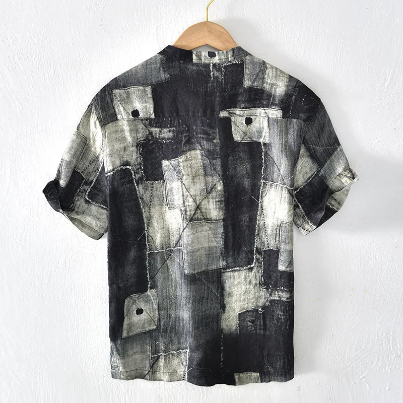 L939 100% Linen Mens Stand Collar T-Shirt Summer Short Sleeve Popular Dark Vintage Print Loose Casual Abstract Chinese Style Tee