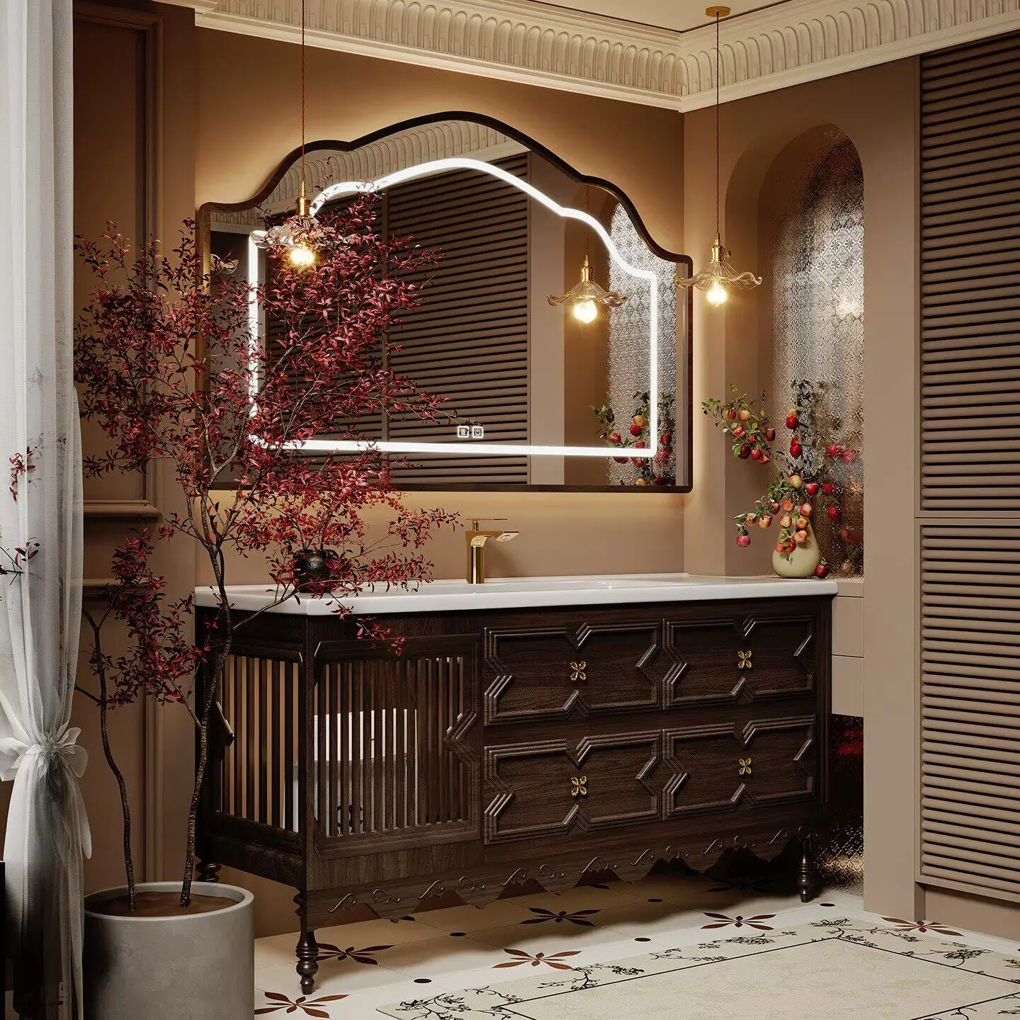 

Solid wood floor-to-ceiling bathroom cabinet, washbasin, integrated ceramic basin, bathroom washbasin