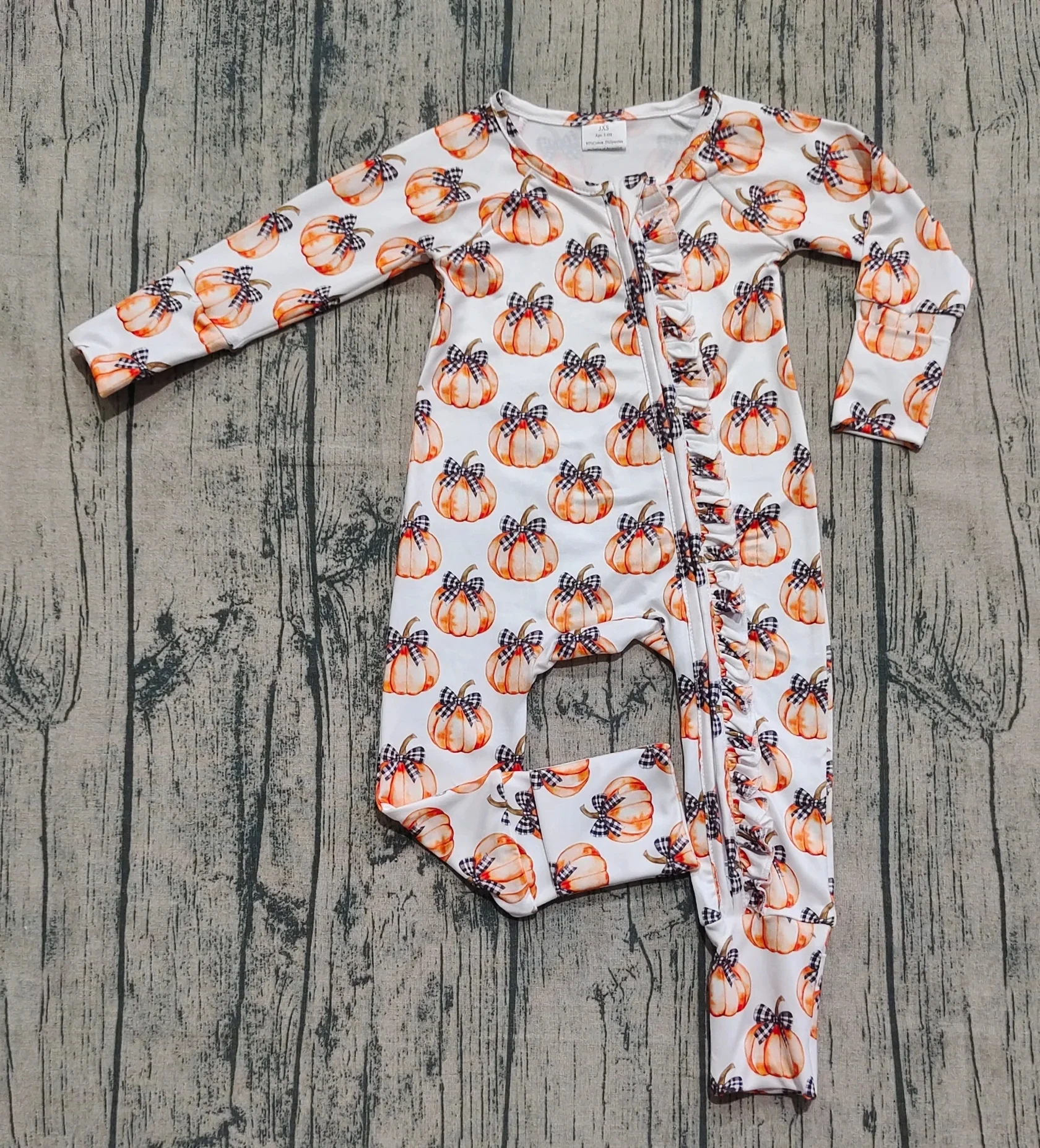 

9.2 Baby Toddler Thanksgiving Fall Jumpsuit Girl Children Pumpkins Plaid Bows Romper Newborn Coverall Kids Zipper Bodysuit