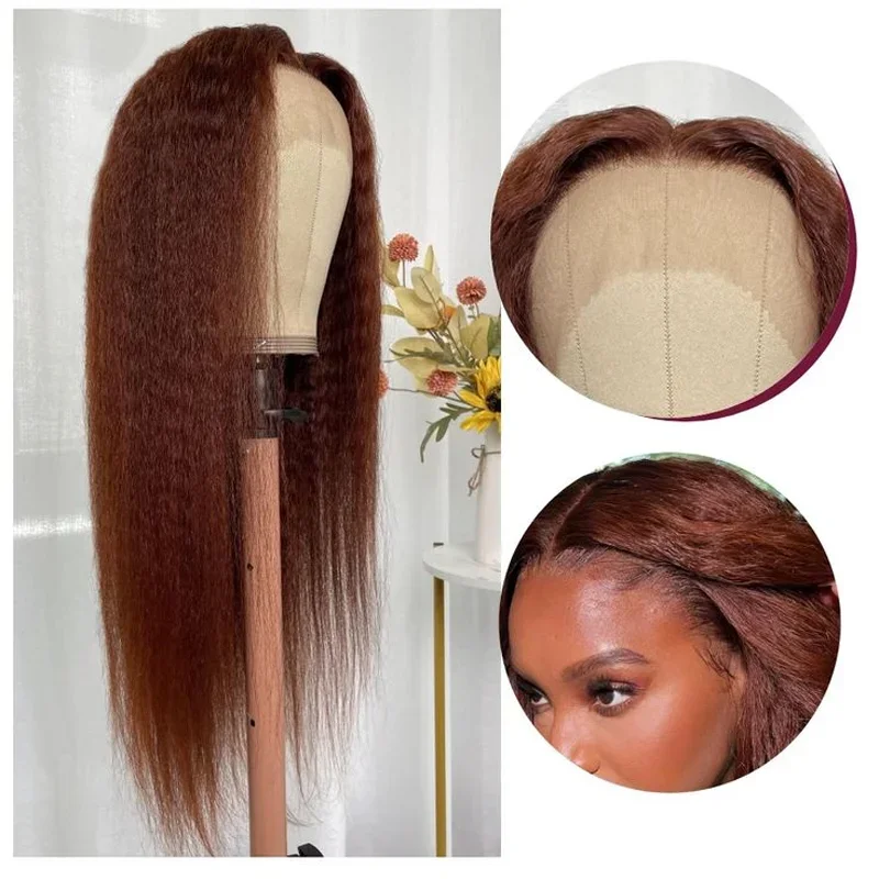 180Density 30inch Brown Yaki Kinky Straight Lace Front Wig For Women With Baby Hair Synthetic Preplucked Daily Wig Fashion