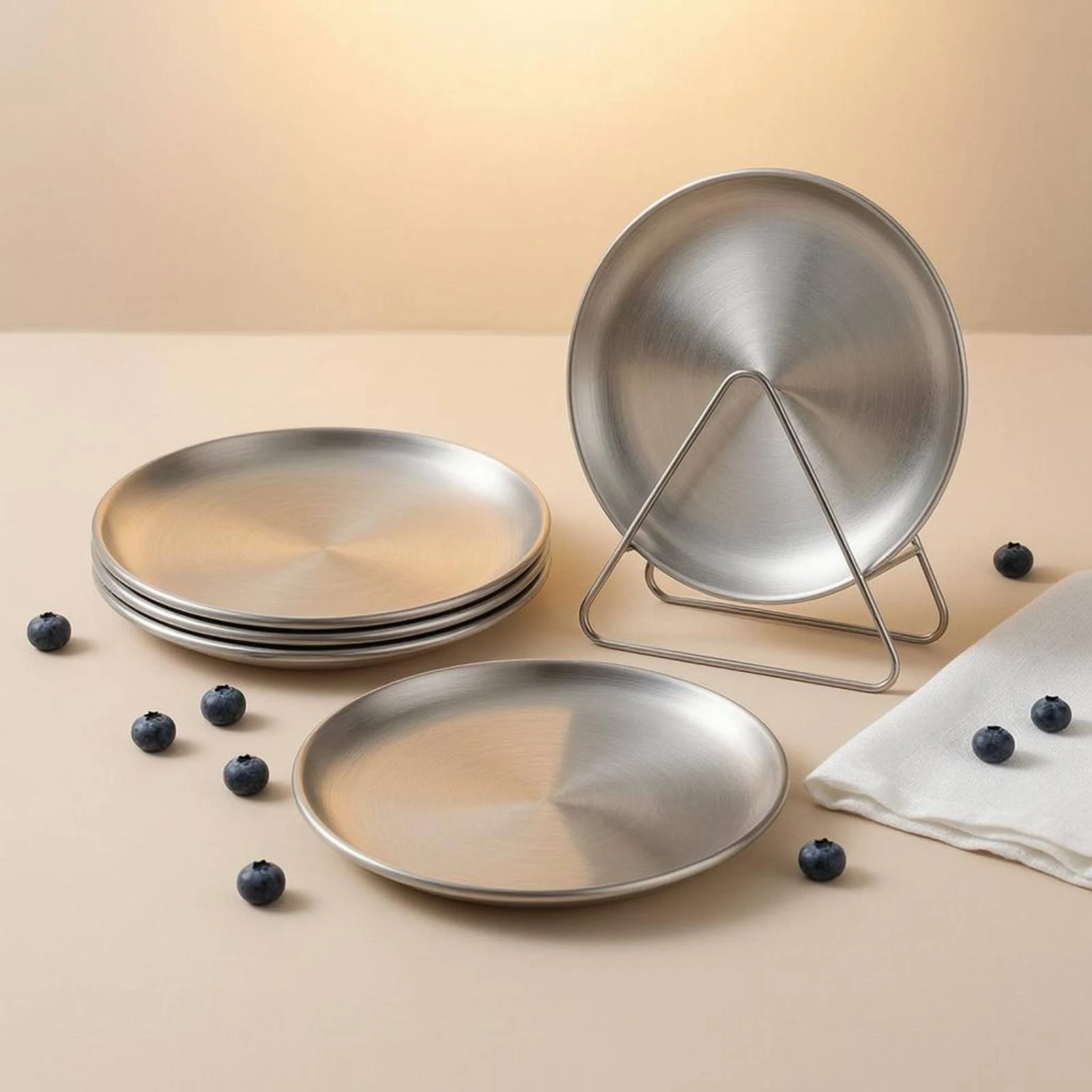 4 Pieces Round Snack Plate Shatterproof Stainless Steel Plate Metal Storage Rack Reusable Tableware Plastic BPA-Free