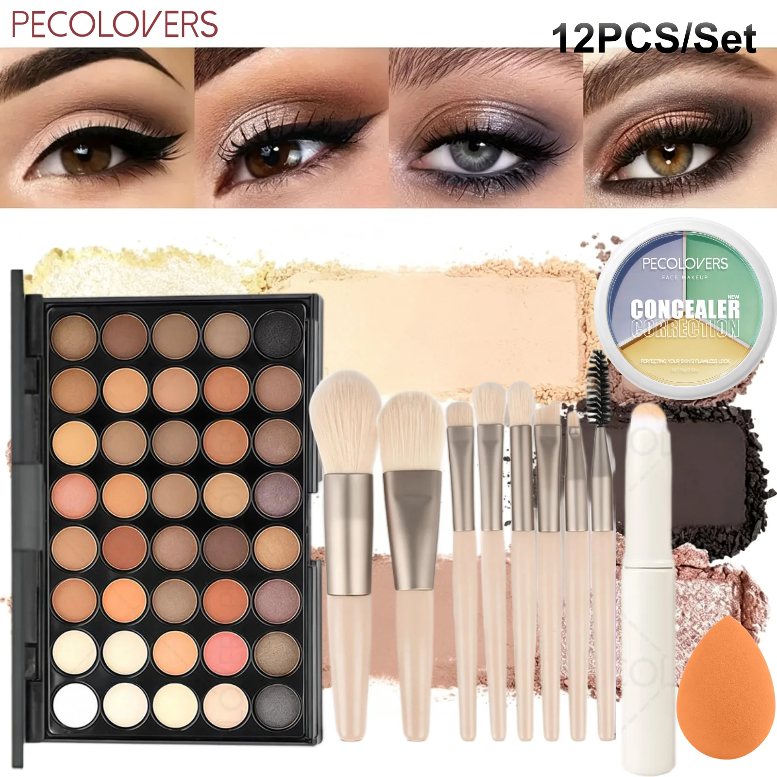 12PCS/Set Eyeshadow Palette + Concealer + Beauty Sponge & Brush Set – Matte and Shimmer Finishes, Creates Stylish Eye Makeup