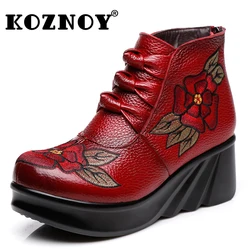 Koznoy 6cm Genuine Leather Ankle Platform Wedge Embroidered Autumn Spring Women Ethnic Winter Plush Boots Ethnic ZIP Warm Shoes